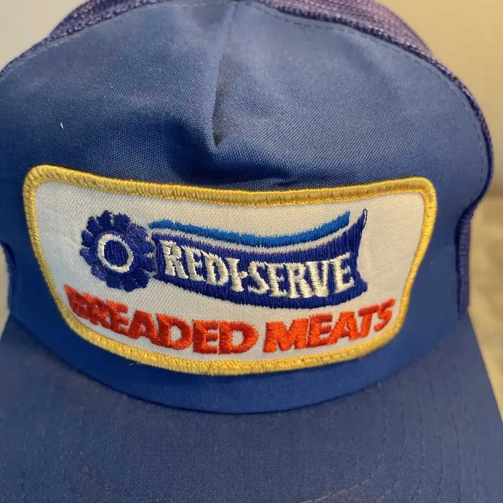 Vintage Trucker Hat Cap Snapback Blue Redi Serve Meats Food Patch 80s 90s 1